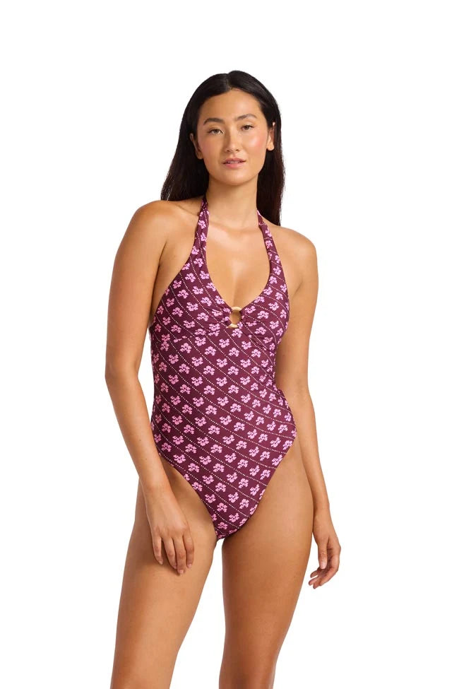 Seafolly BatikBloom Ring Front Halter One Piece Dark Burgundy