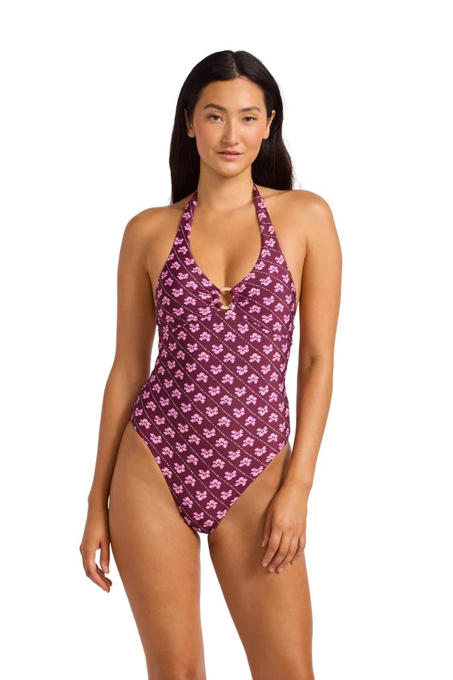 Seafolly BatikBloom Ring Front Halter One Piece Dark Burgundy