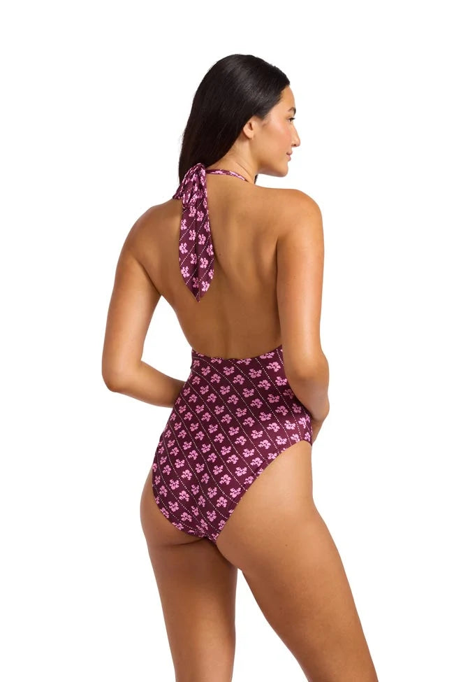 Seafolly BatikBloom Ring Front Halter One Piece Dark Burgundy