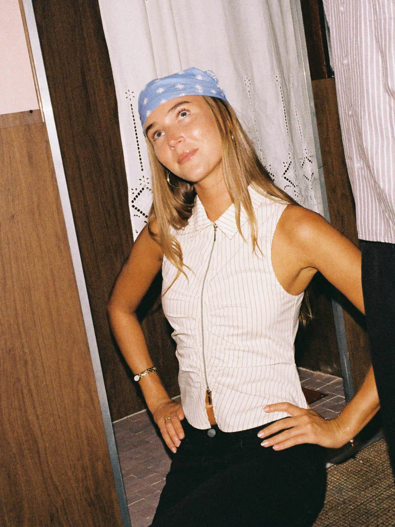 Thrills Andy Zip Sleeveless Shirt Butter Cream Stripe