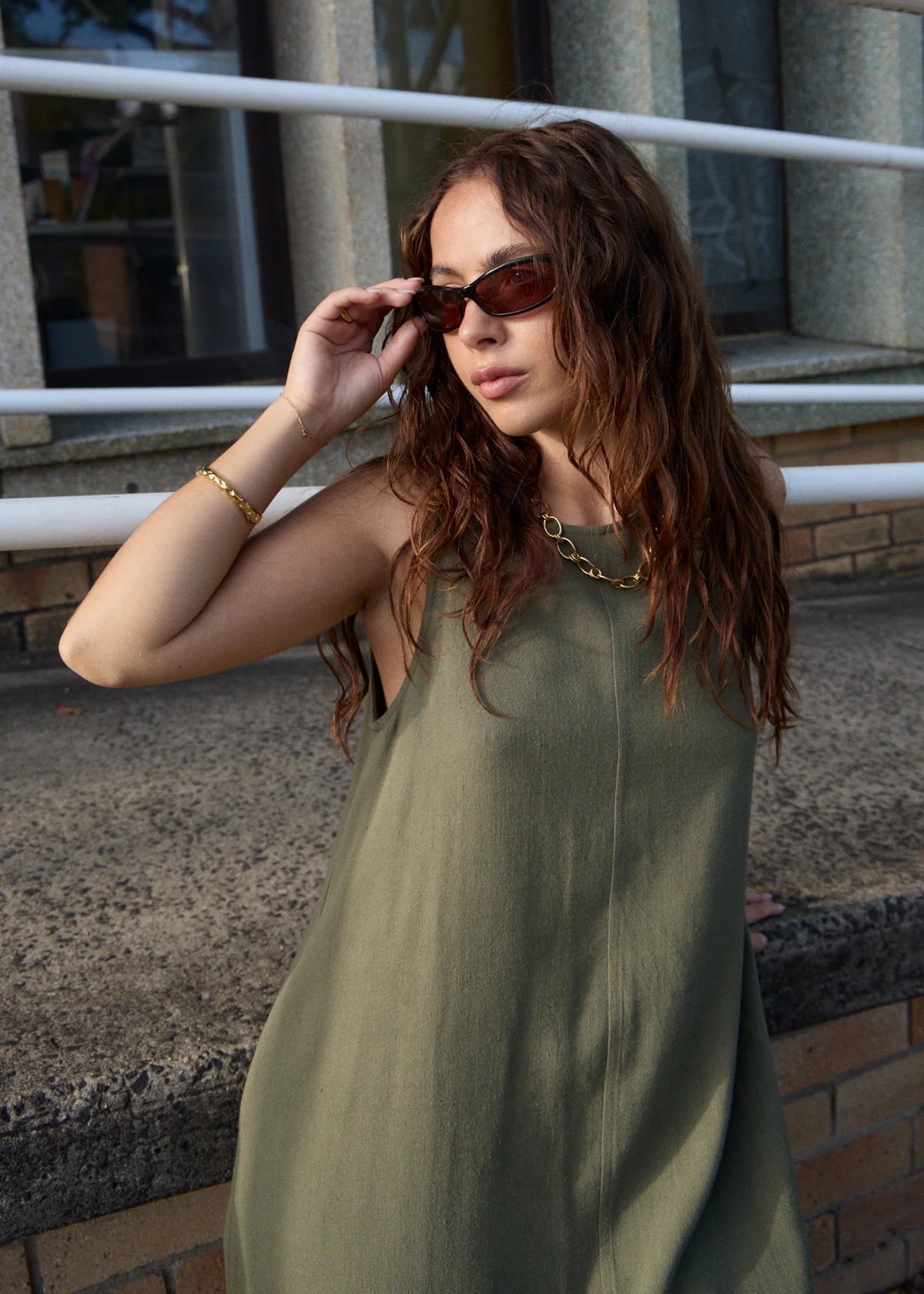 Afends Halle Linen Mini Dress Deep Olive