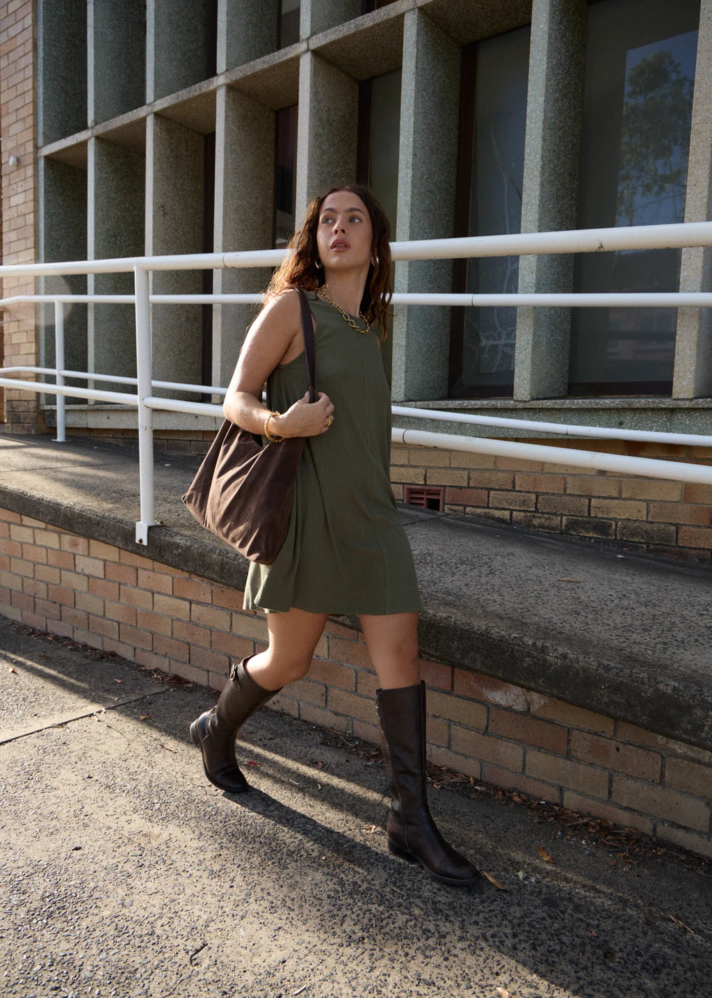 Afends Halle Linen Mini Dress Deep Olive