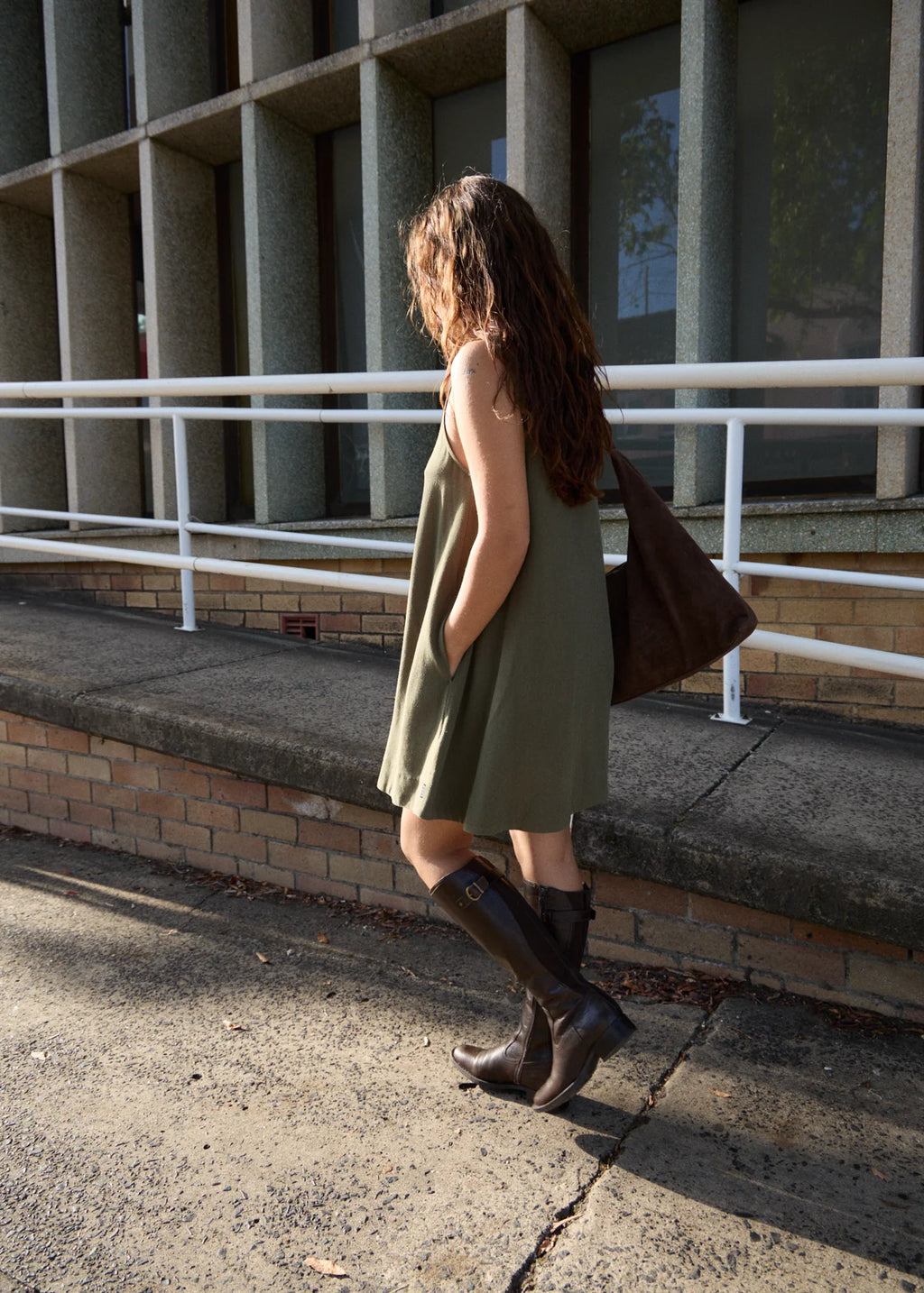 Afends Halle Linen Mini Dress Deep Olive