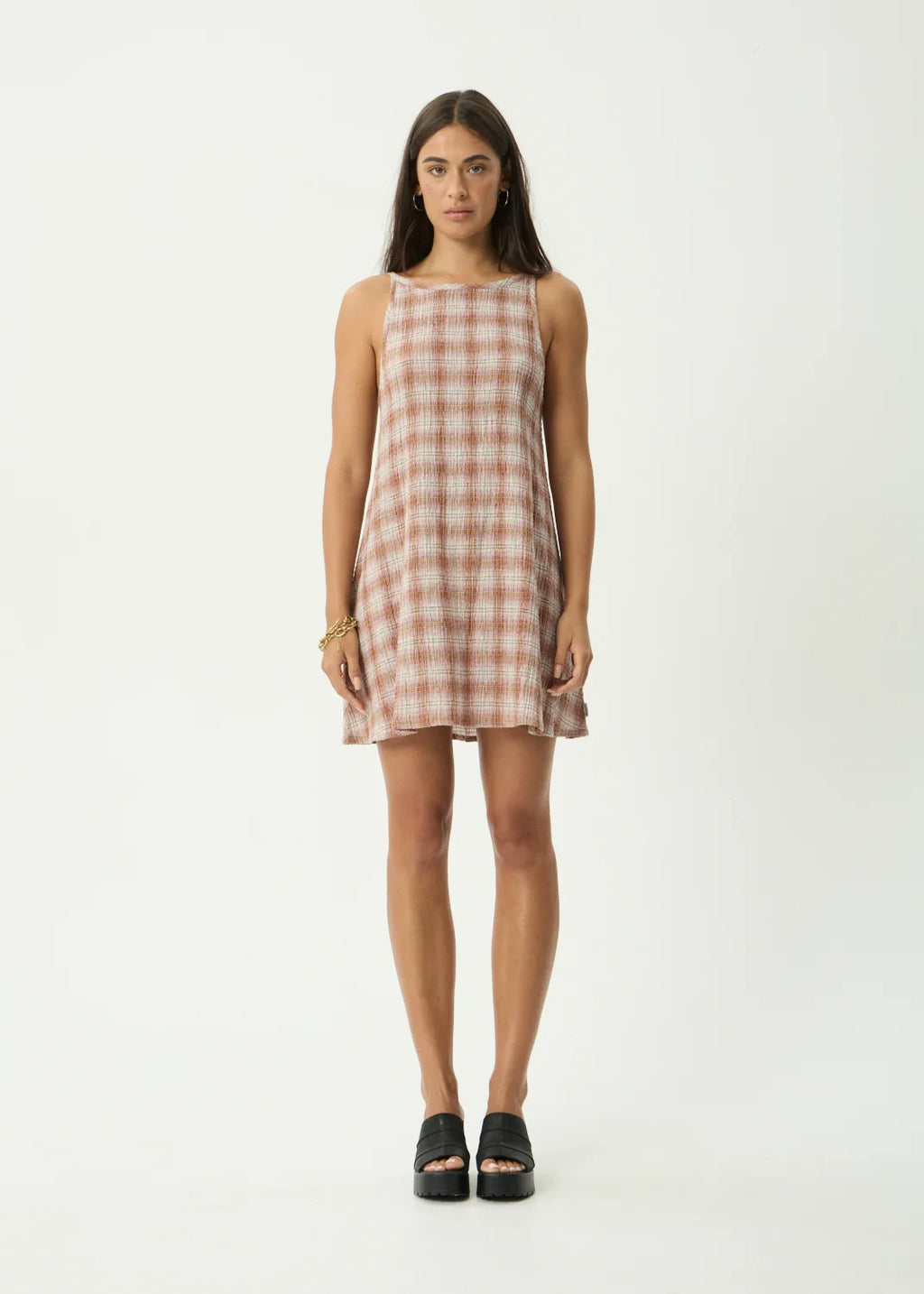 Afends Sammy Mirage Hemp Seersucker Mini Dress Desert Check