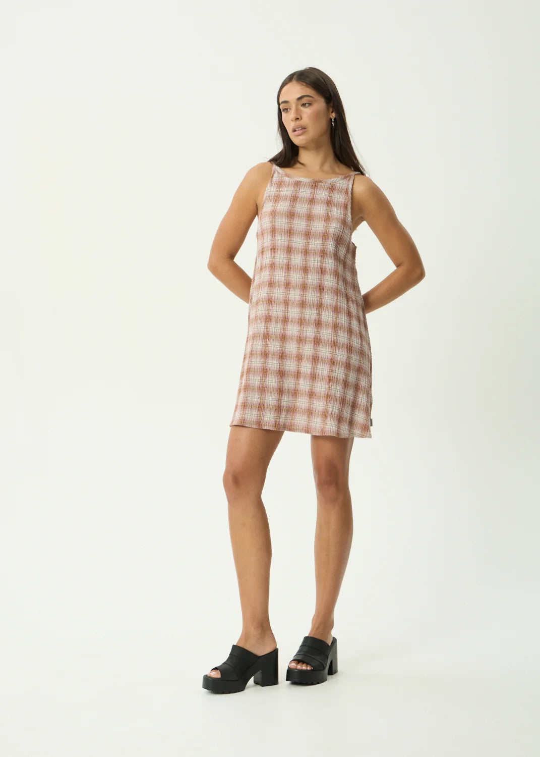 Afends Sammy Mirage Hemp Seersucker Mini Dress Desert Check