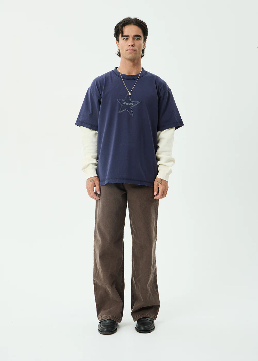 Afends Chains Recycled Heavyweight Layered Waffle Boxy Tee - Washed Deep Sea