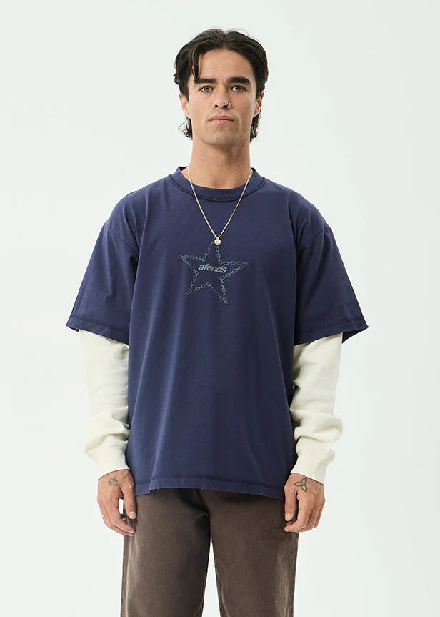 Afends Chains Recycled Heavyweight Layered Waffle Boxy Tee - Washed Deep Sea