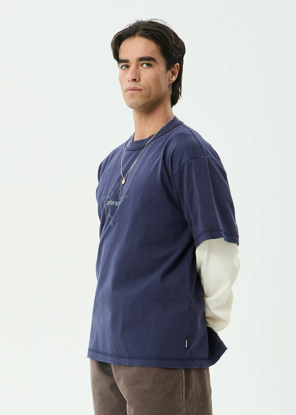 Afends Chains Recycled Heavyweight Layered Waffle Boxy Tee - Washed Deep Sea