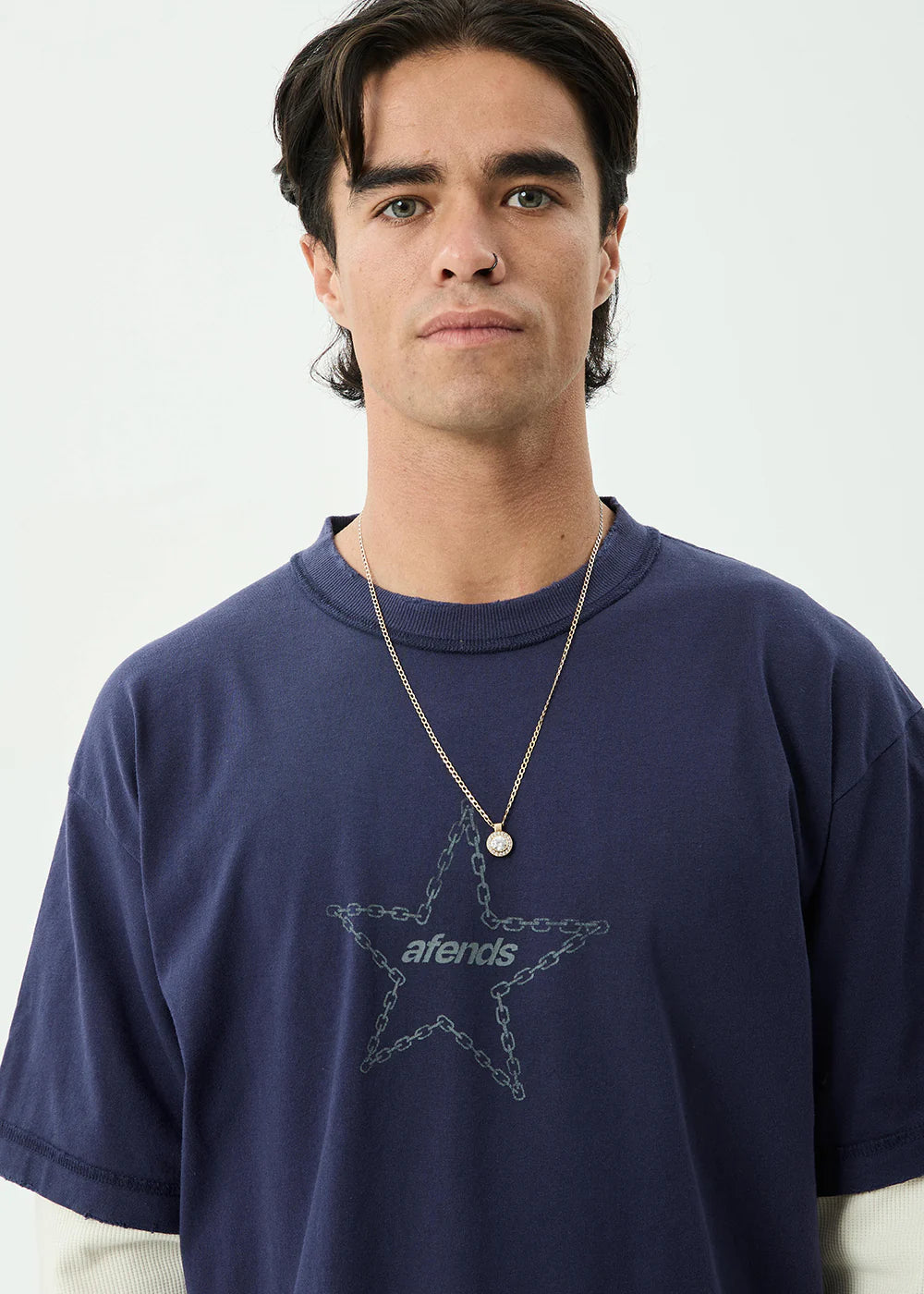 Afends Chains Recycled Heavyweight Layered Waffle Boxy Tee - Washed Deep Sea