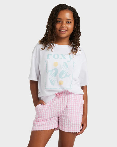Roxy Daisy Check Lekeito Elastic Waist Shorts Girls 8-16