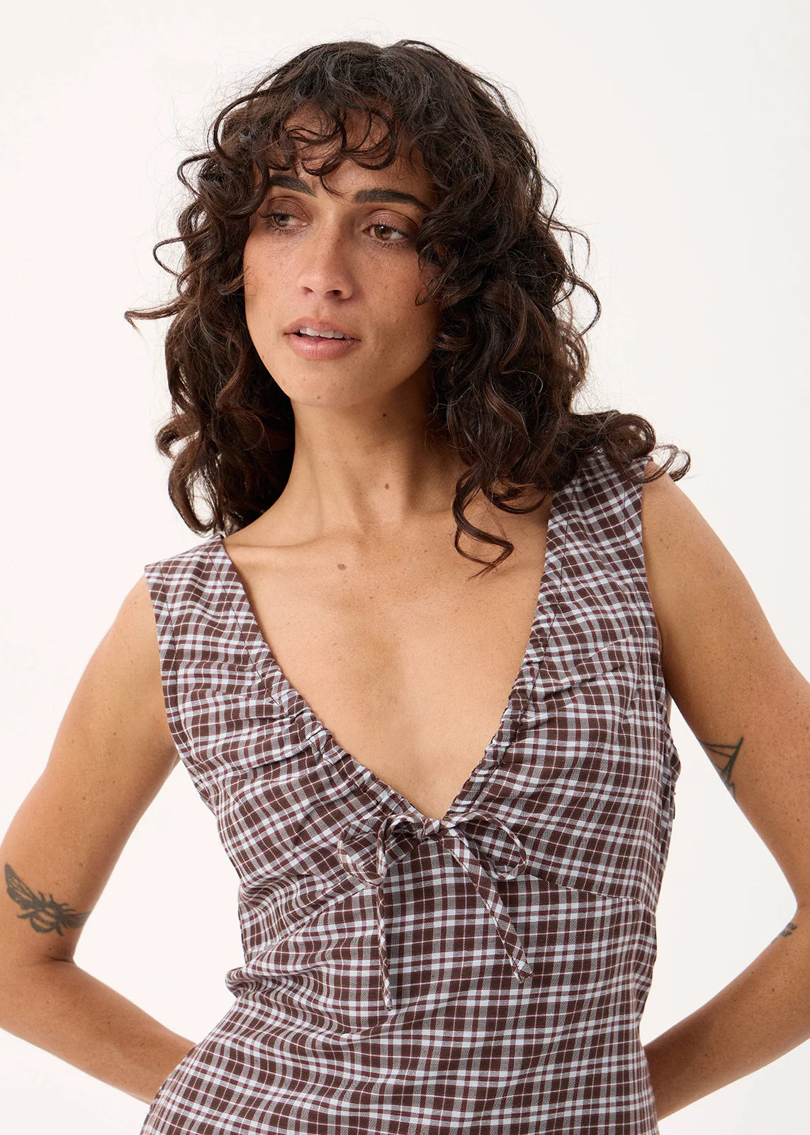 Afends Izzy Echo Recycled Mini Dress Brown / Blue Check