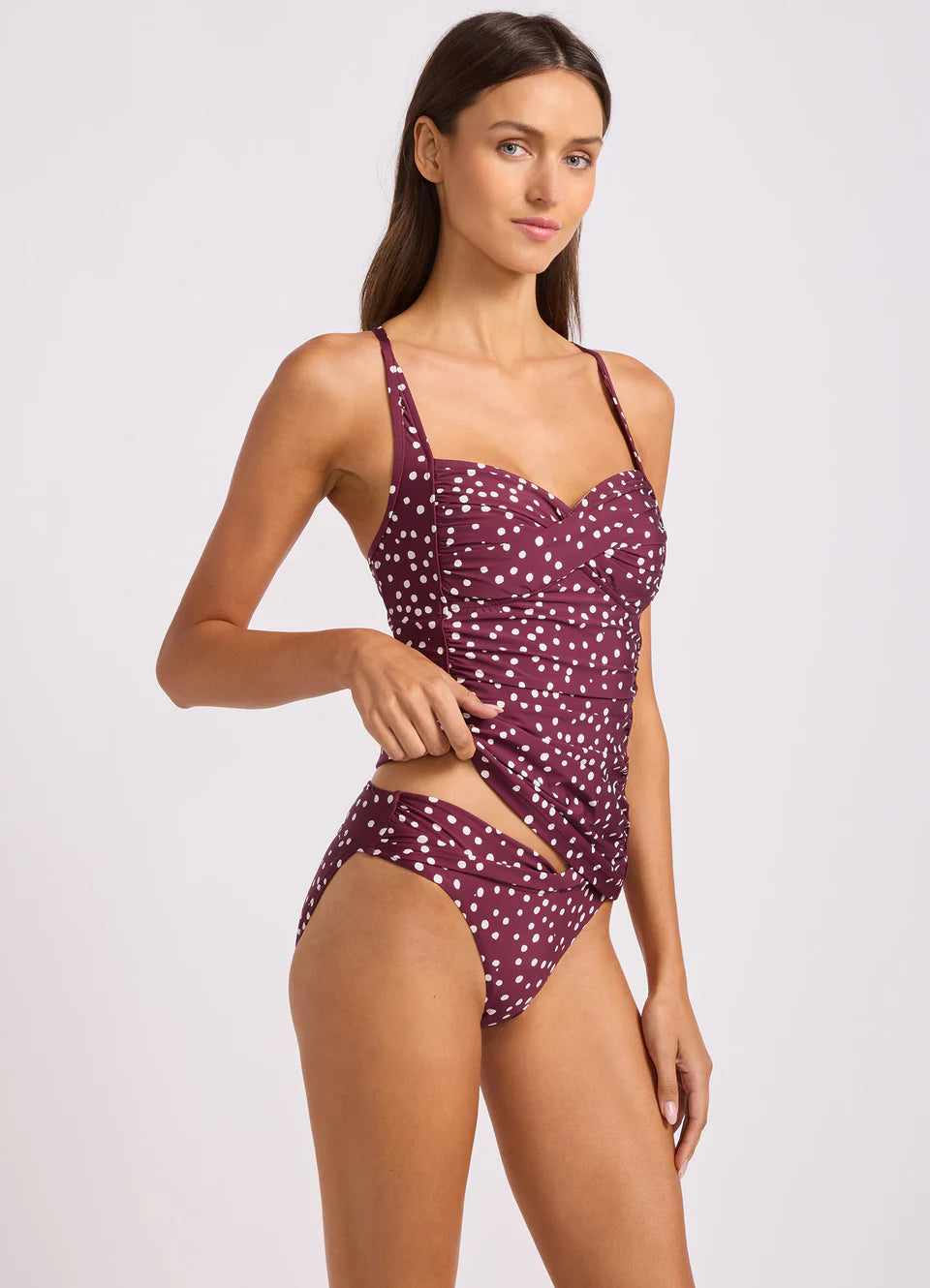 Seafolly Dolce Dot Twist Halter Tankini Bikini Top Dark Burgundy