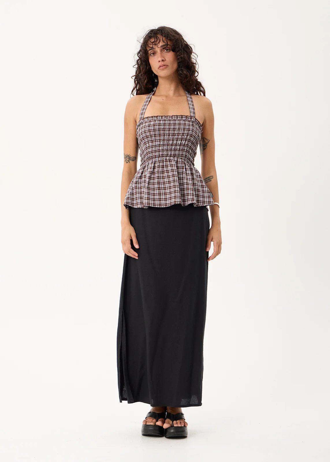 Afends Tiff Echo Recycled Strapless Top Brown / Blue Check