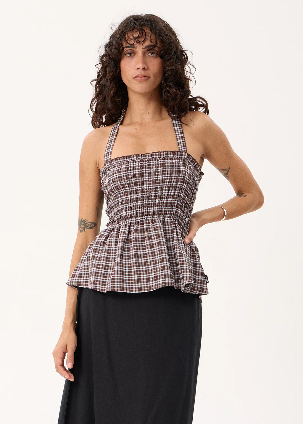 Afends Tiff Echo Recycled Strapless Top Brown / Blue Check