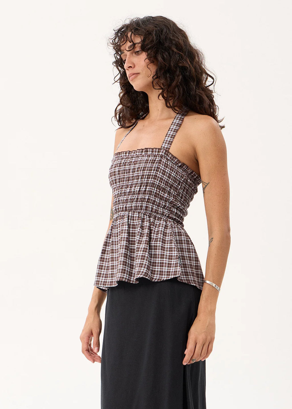 Afends Tiff Echo Recycled Strapless Top Brown / Blue Check