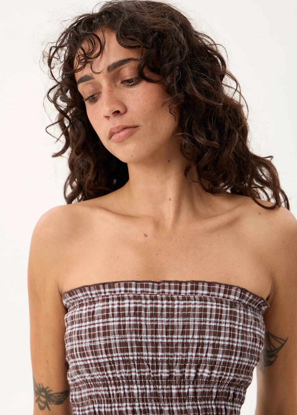Afends Tiff Echo Recycled Strapless Top Brown / Blue Check