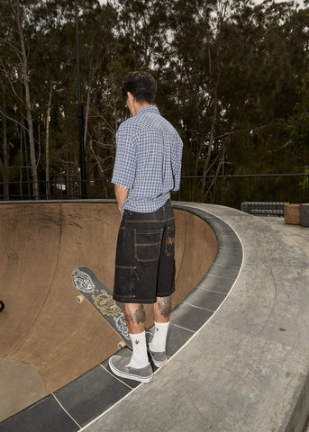 Afends Scorched Harper Denim Baggy Workwear Short 22" Washed Black