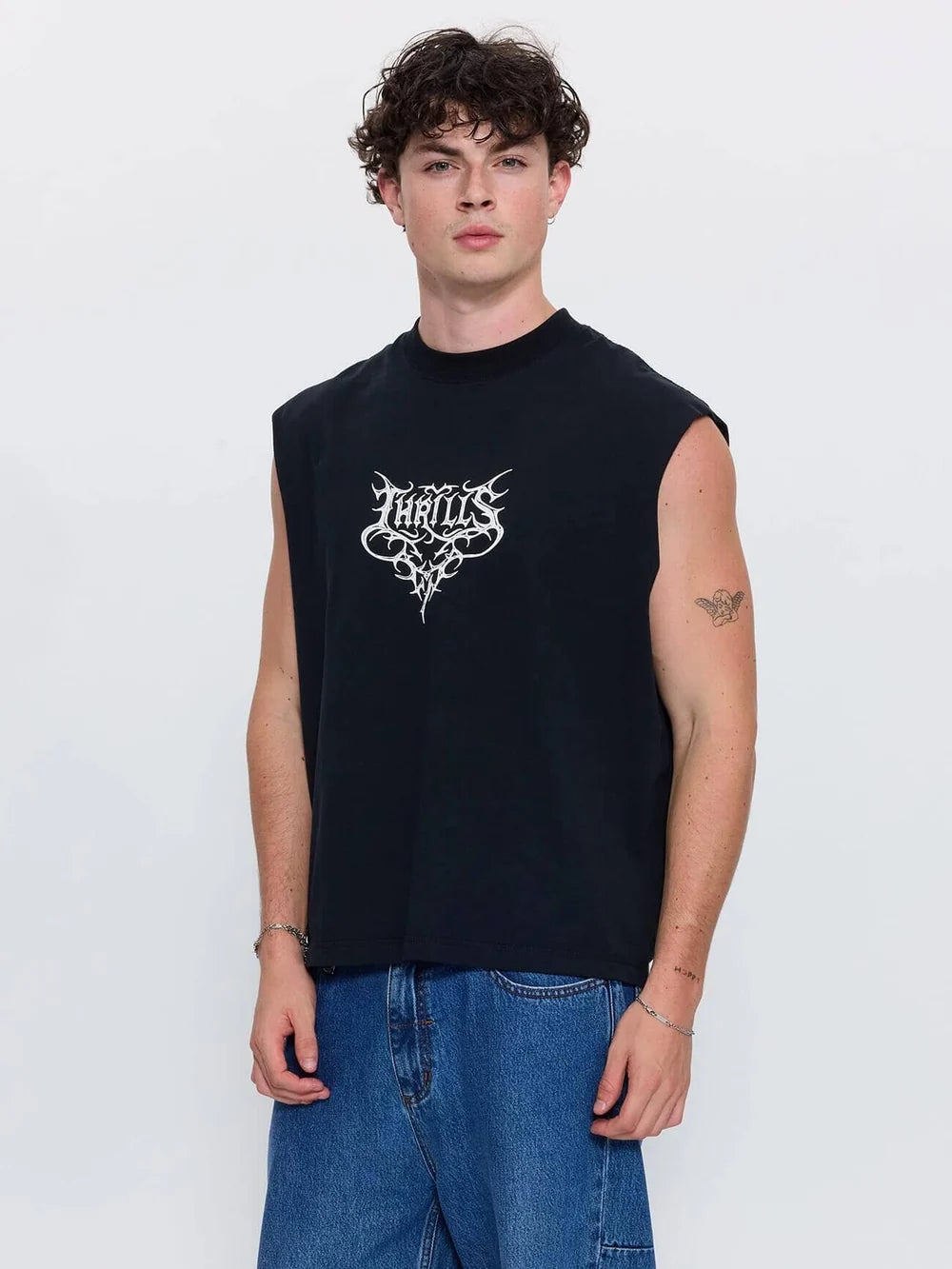 Thrills South Of Heaven Box Crop Muscle Tee - Dark Merch Black