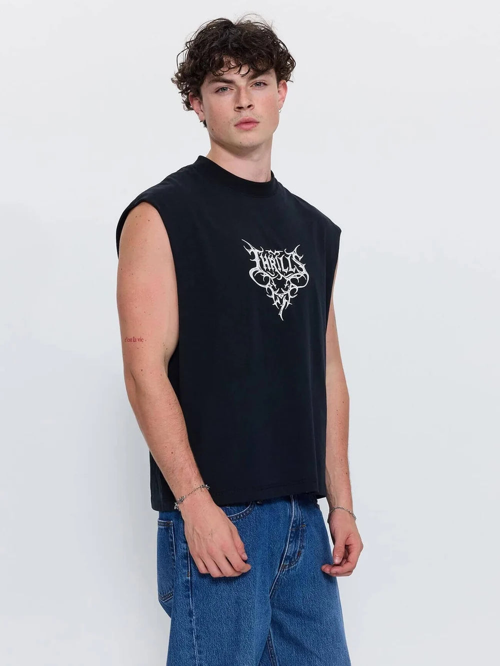 Thrills South Of Heaven Box Crop Muscle Tee - Dark Merch Black
