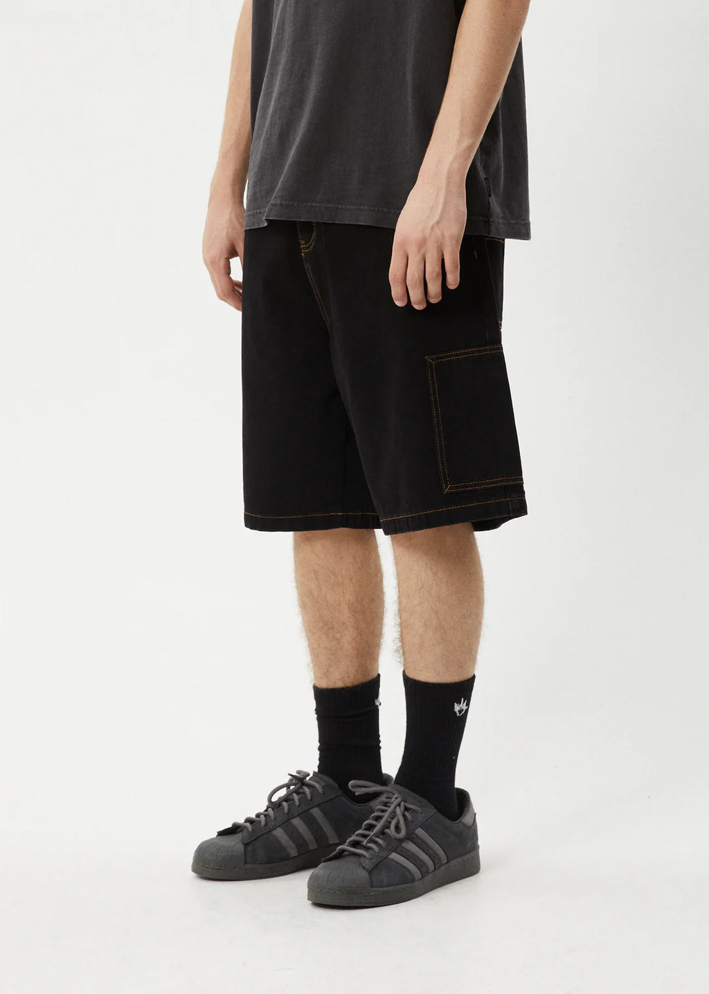 Afends Scorched Harper Denim Baggy Workwear Short 22" Washed Black