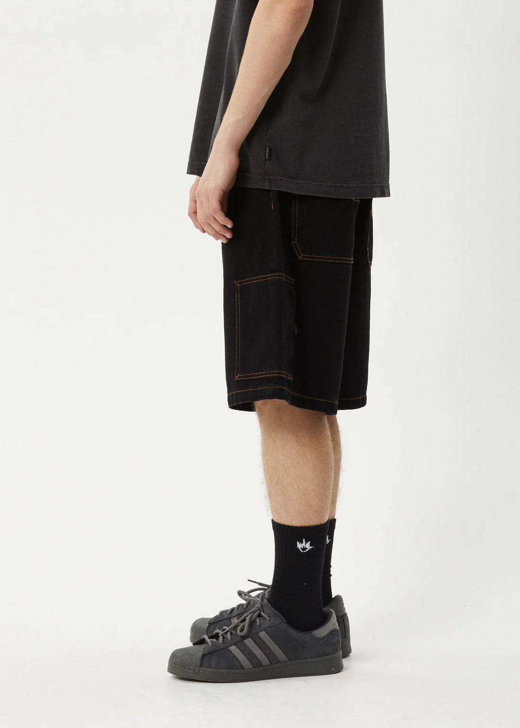 Afends Scorched Harper Denim Baggy Workwear Short 22" Washed Black