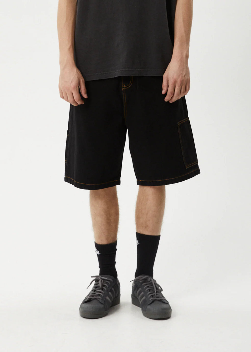 Afends Scorched Harper Denim Baggy Workwear Short 22" Washed Black