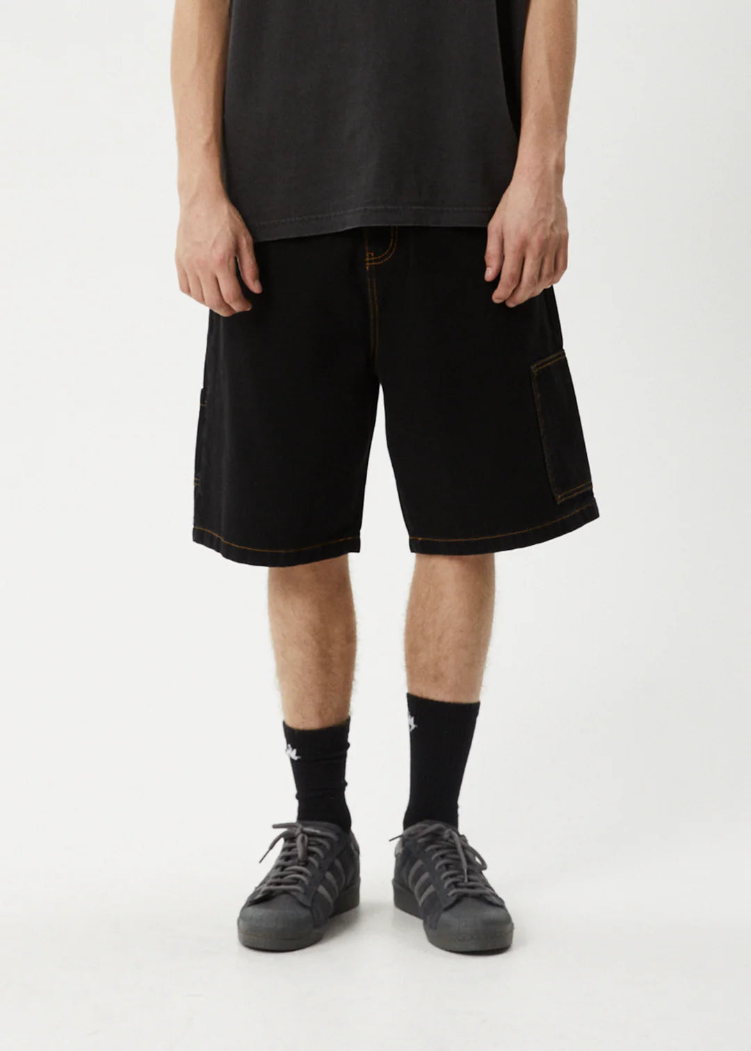 Afends Scorched Harper Denim Baggy Workwear Short 22" Washed Black
