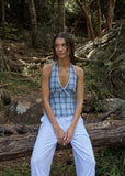 Afends Lagoon Hemp Seersucker Halter Top - Overcast Check