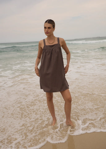 Afends Cyrus Recycled Mini Dress - Coffee Stripe