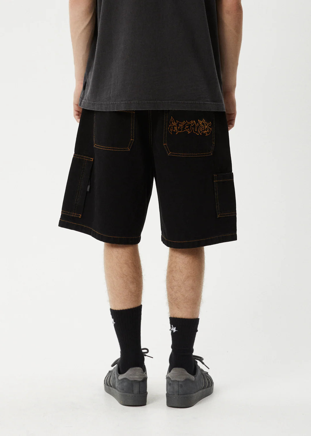 Afends Scorched Harper Denim Baggy Workwear Short 22" Washed Black