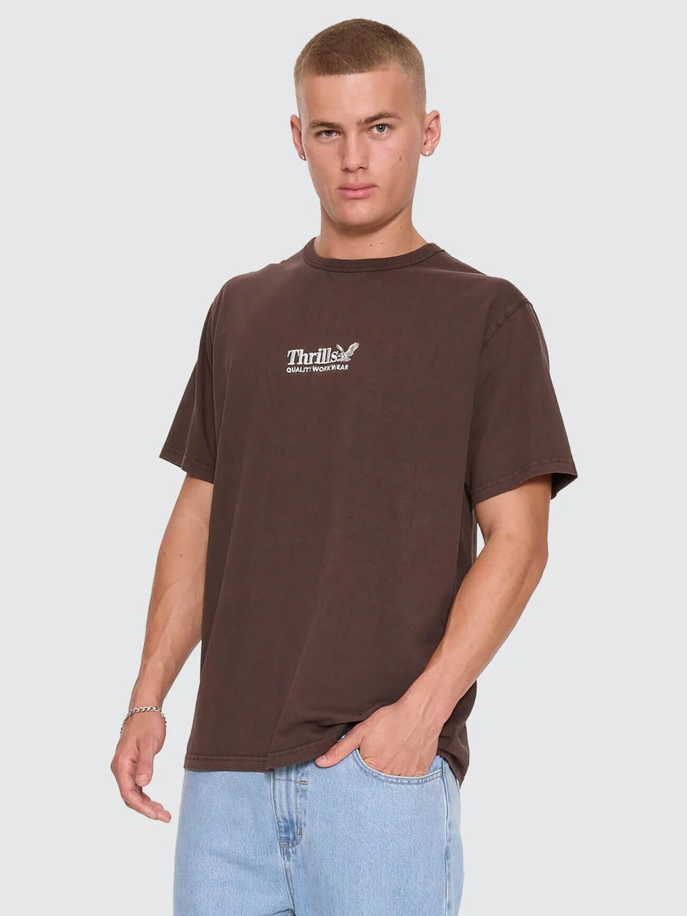 Thrills Workwear Embro Merch Tee - Postal Brown