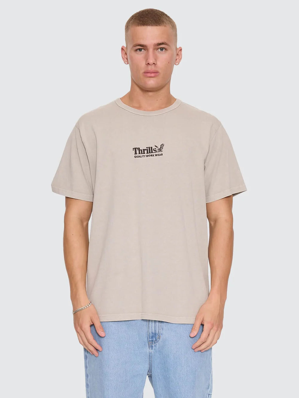 Thrills Workwear Embro Merch Tee Pumice Stone