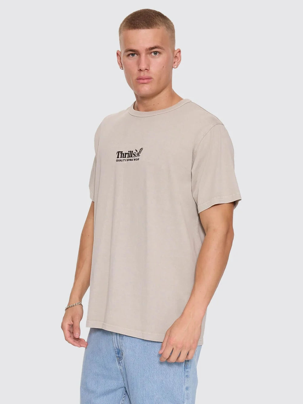 Thrills Workwear Embro Merch Tee Pumice Stone