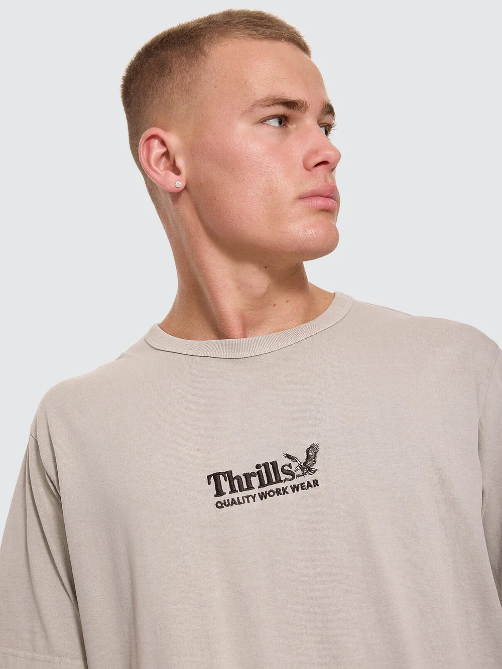 Thrills Workwear Embro Merch Tee Pumice Stone