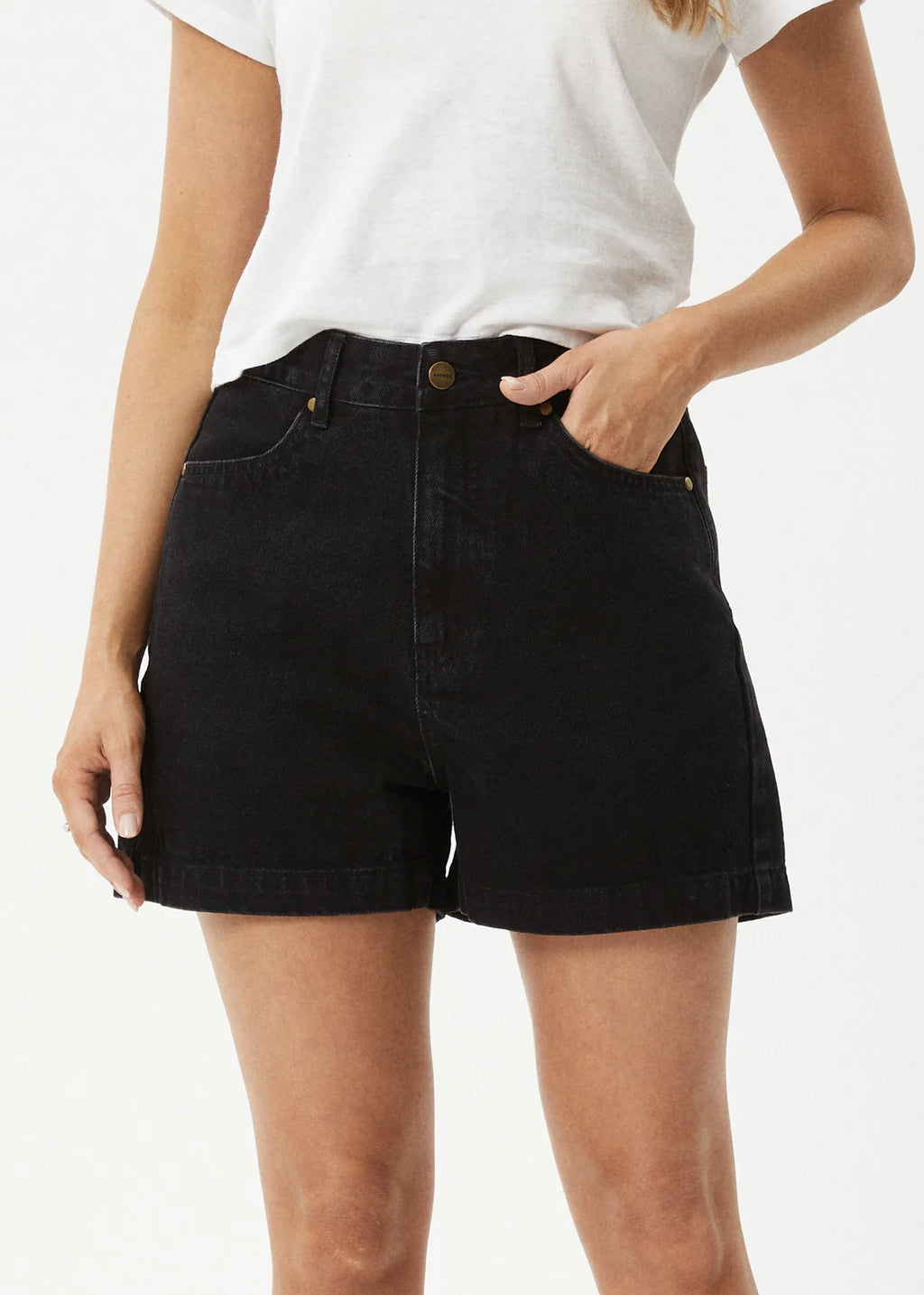 Afends Seventy Three's  Organic Denim High Waisted Shorts - Washed Black