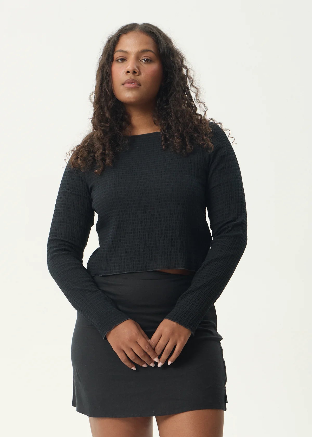 Afends Focus Seersucker Long Sleeve Top Black