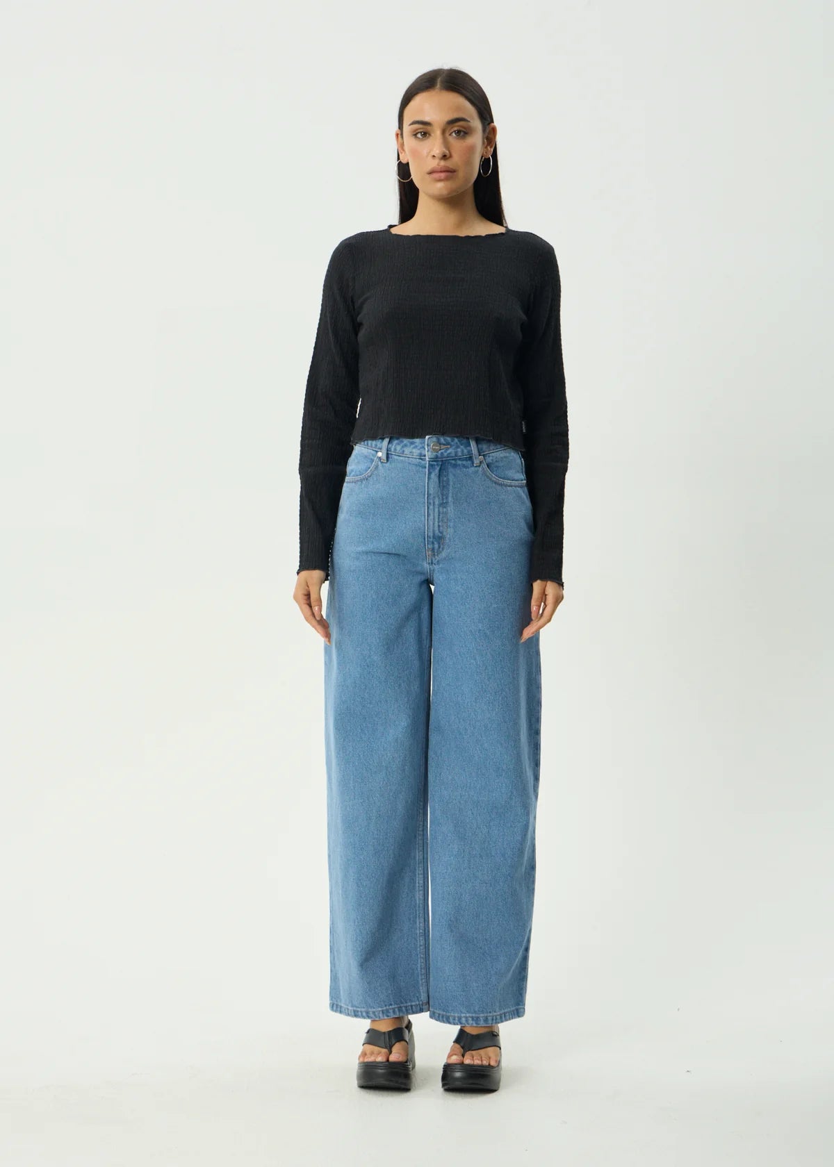 Afends Focus Seersucker Long Sleeve Top Black