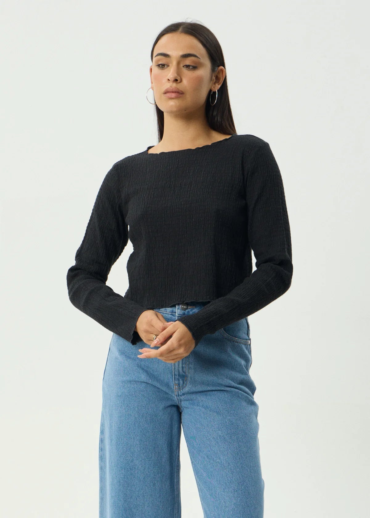 Afends Focus Seersucker Long Sleeve Top Black