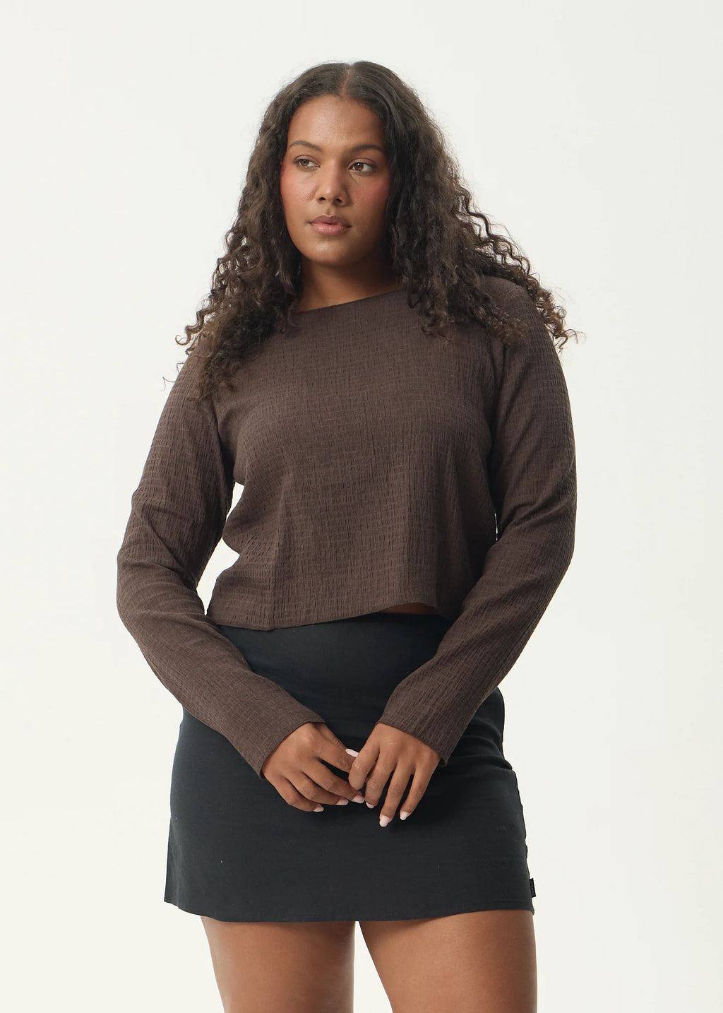 Afends Focus Seersucker Long Sleeve Top  Coffee