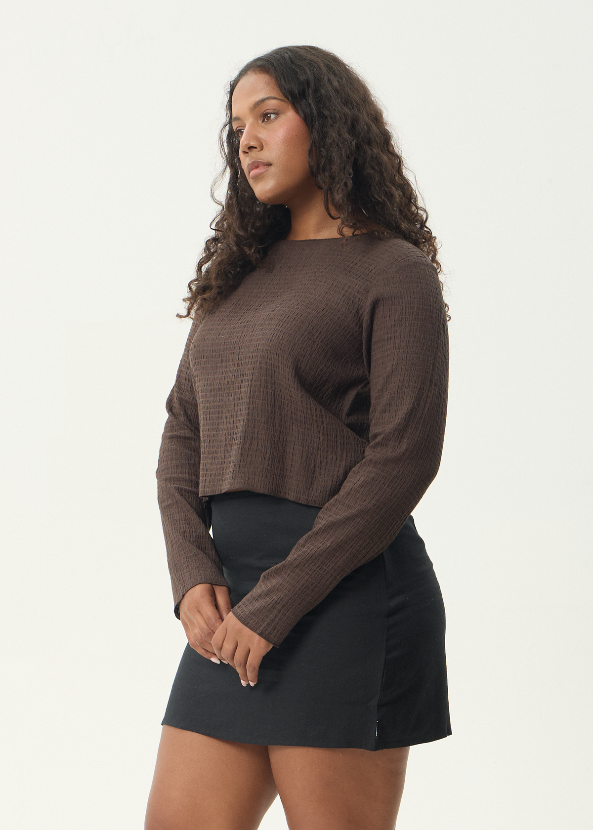 Afends Focus Seersucker Long Sleeve Top  Coffee