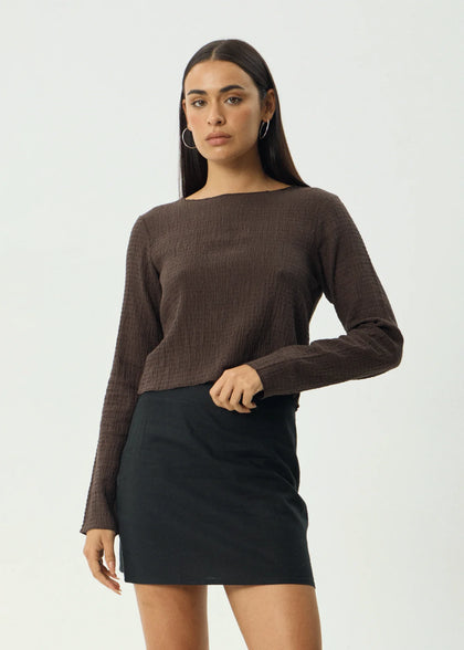 Afends Focus Seersucker Long Sleeve Top  Coffee