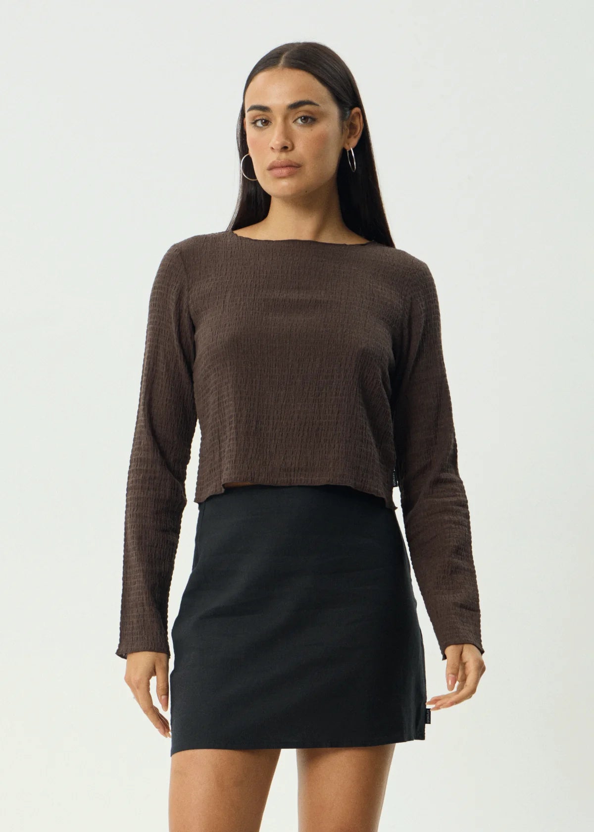 Afends Focus Seersucker Long Sleeve Top  Coffee