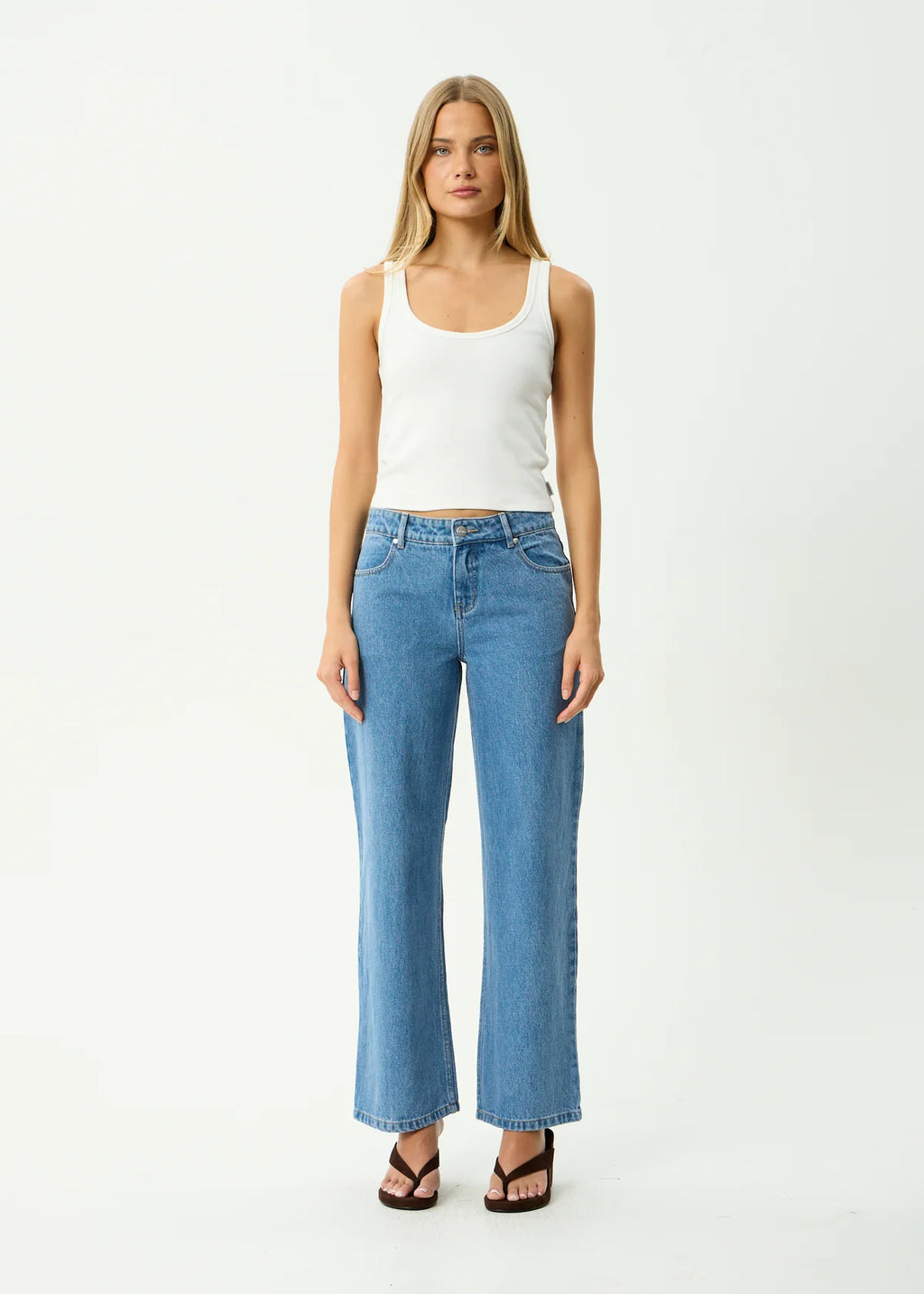 Afends Alyra Low Rise Wide Leg Jean Worn Blue