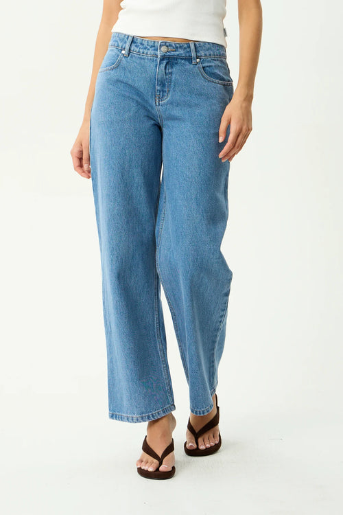 Afends Alyra Low Rise Wide Leg Jean Worn Blue