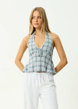 Afends Lagoon Hemp Seersucker Halter Top - Overcast Check