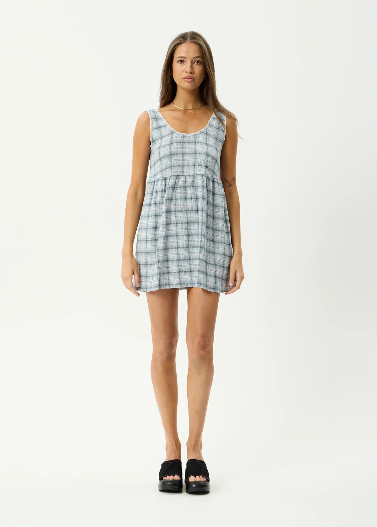 Afends Lagoon Jesse Hemp Seersucker Mini Dress Overcast Check