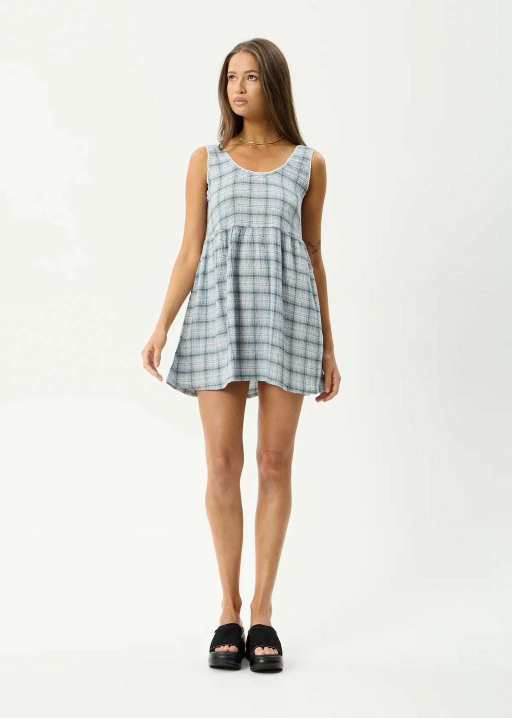 Afends Lagoon Jesse Hemp Seersucker Mini Dress Overcast Check