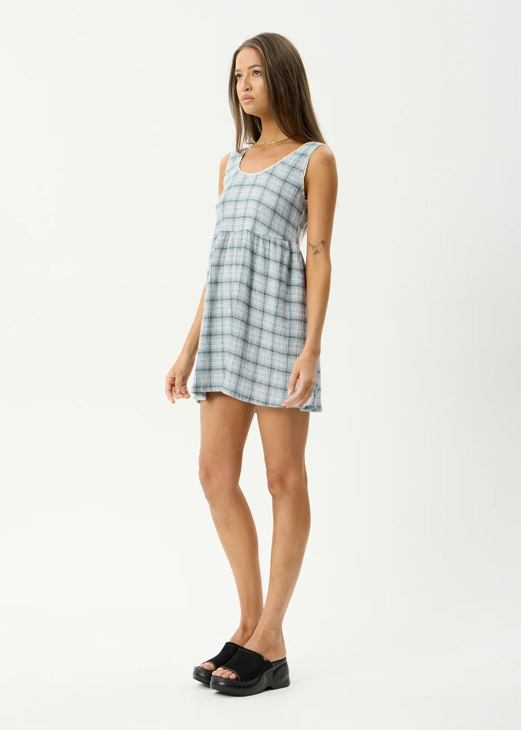 Afends Lagoon Jesse Hemp Seersucker Mini Dress Overcast Check