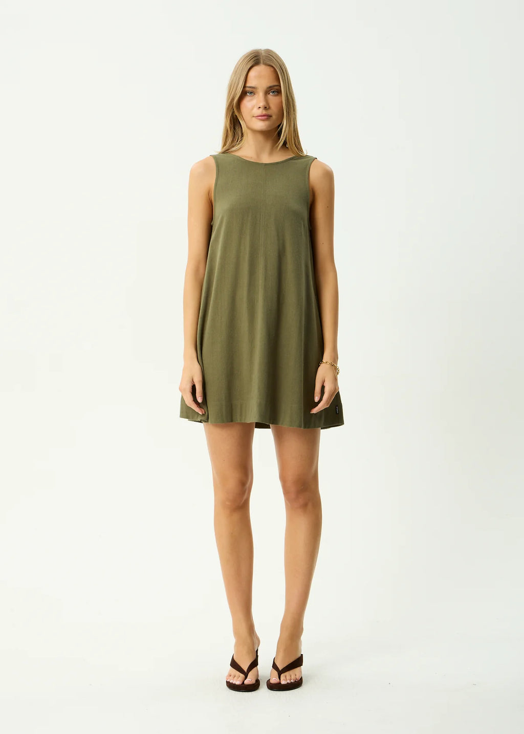 Afends Halle Linen Mini Dress Deep Olive
