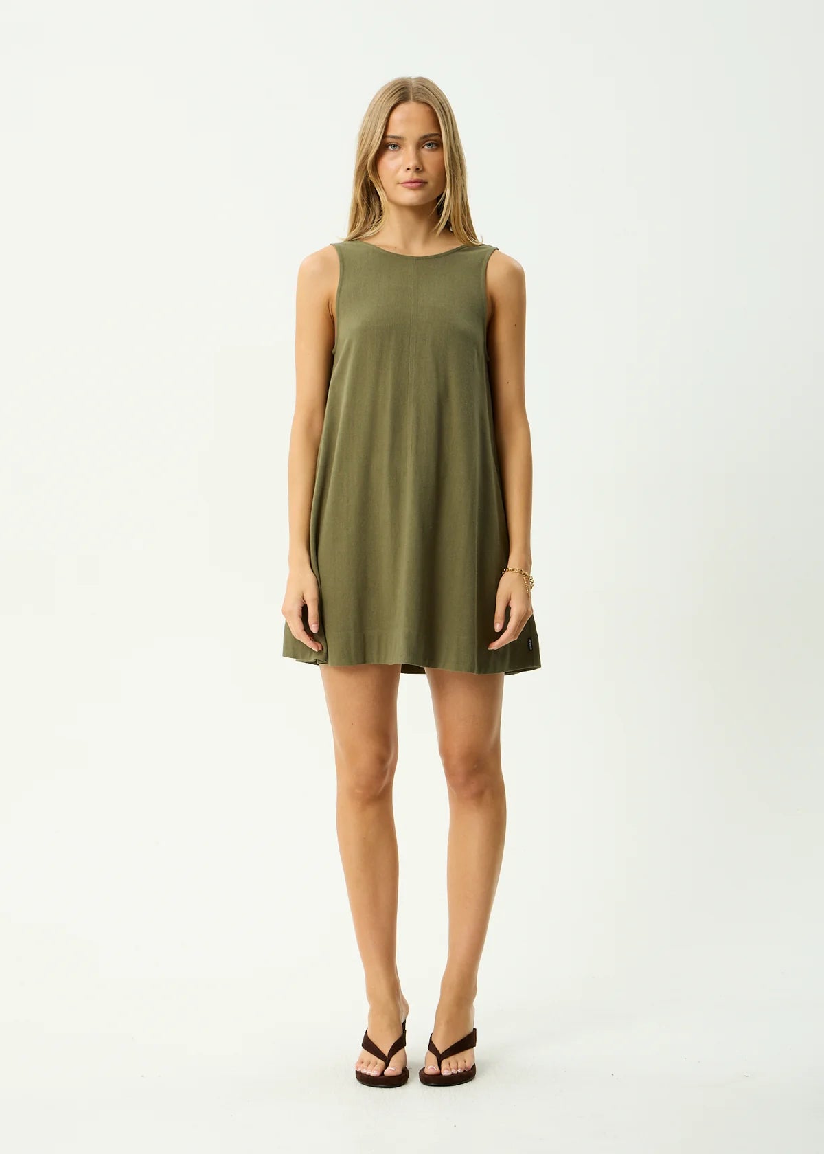 Afends Halle Linen Mini Dress Deep Olive